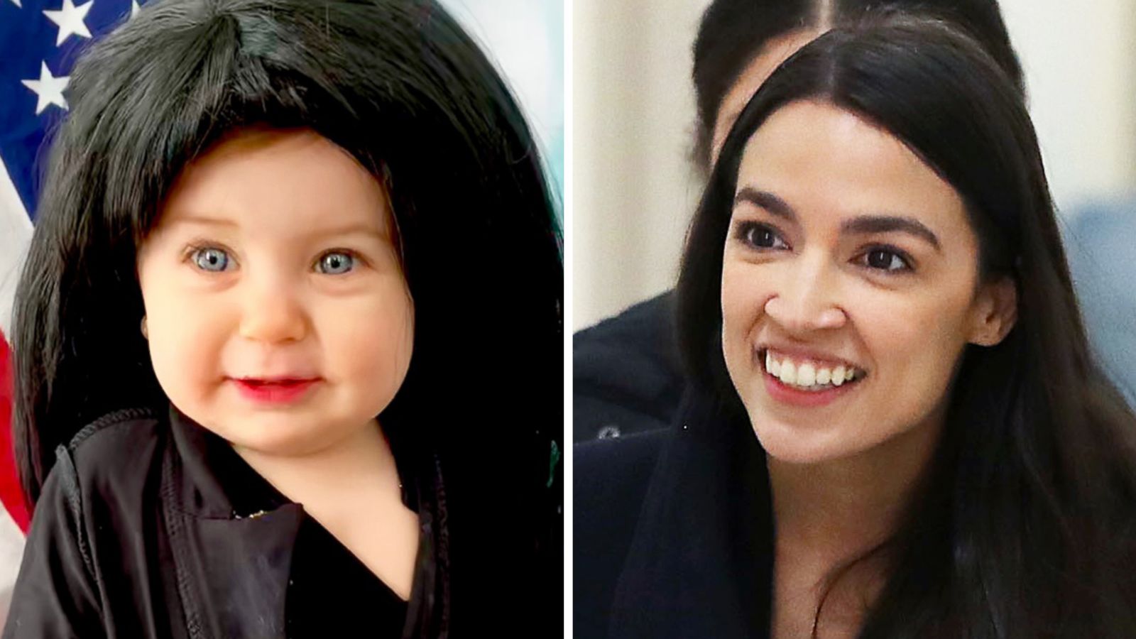 PHOTO: Liberty Wexler, 10 months, is dressed as Rep. Alexandria Ocasio-Cortez, pictured in Washington on the right, for Women's History Month in March 2019.