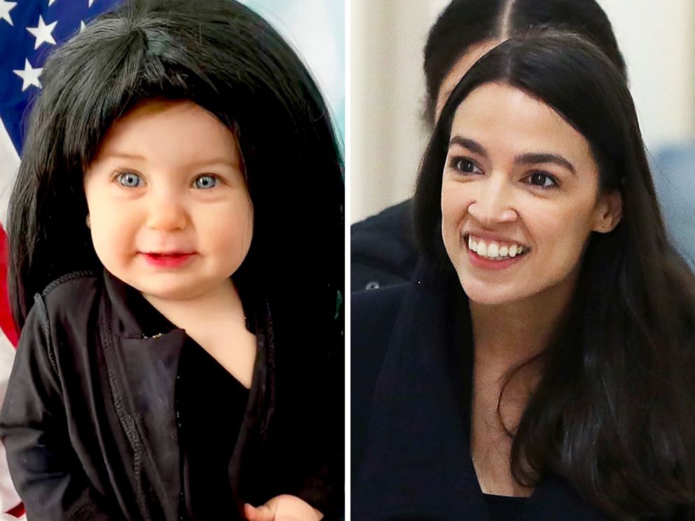 PHOTO: Liberty Wexler, 10 months, is dressed as Rep. Alexandria Ocasio-Cortez, pictured in Washington on the right, for Womens History Month in March 2019.