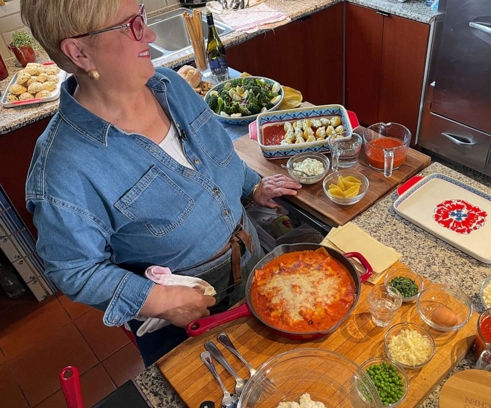 PHOTO: Lidia Bastianich shows how to make her skillet lasagna and stuffed shells in her kitchen using her new line of cookware.