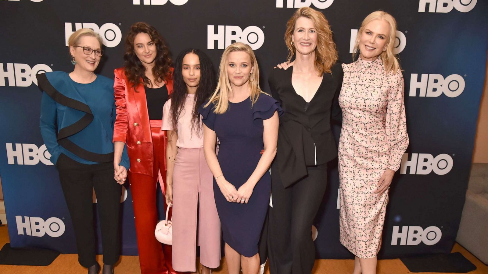 PHOTO: Meryl Streep, Shailene Woodley, Zoe Kravitz, Reese Witherspoon, Laura Dern and Nicole Kidman are seen prior to the "Big Little Lies" panel of the HBO portion of the 2019 Winter TCA, Feb. 8, 2019, in Pasadena, Calif.