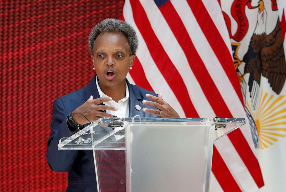 PHOTO: Chicago's Mayor Lori Lightfoot speaks at the University of Chicago in Chicago, July 23, 2020.
