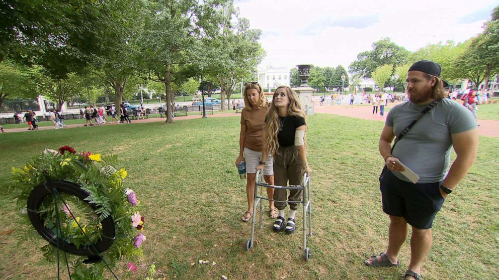 PHOTO: Amber Escudero-Kontostathis, survivor of the Aug. 4 lightning strike near the White House, is interviewed by Good Morning America, in Washington, Aug. 15, 2022.