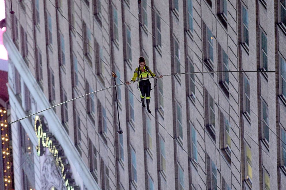 PHOTO: Lijana Wallenda walks on the Highwire Live in Times Square in N.Y., June 23, 2019.