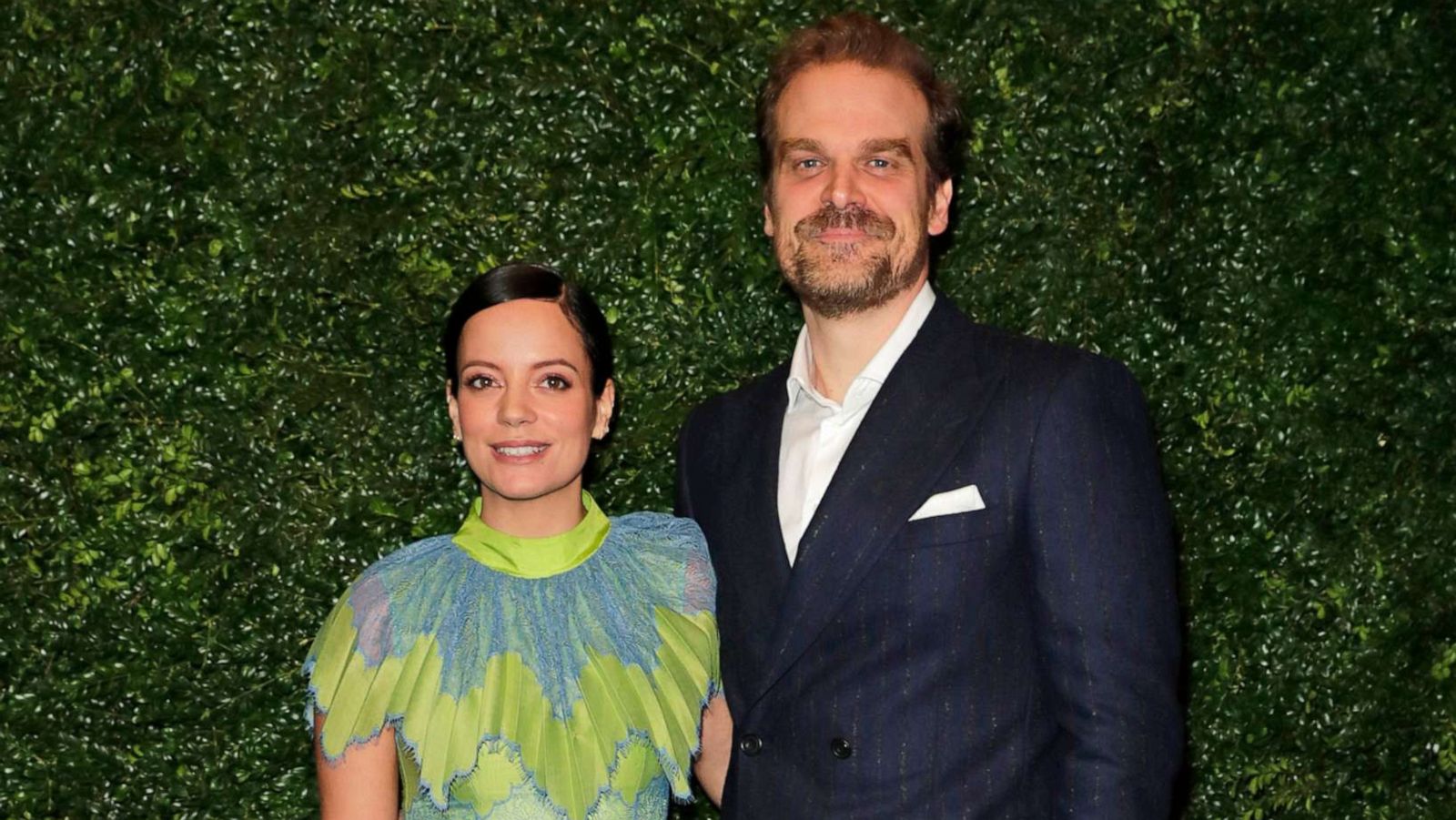 PHOTO: In this Feb. 1, 2020, file photo, Lily Allen and David Harbour arrive at the Charles Finch & CHANEL Pre-BAFTA Party in London.