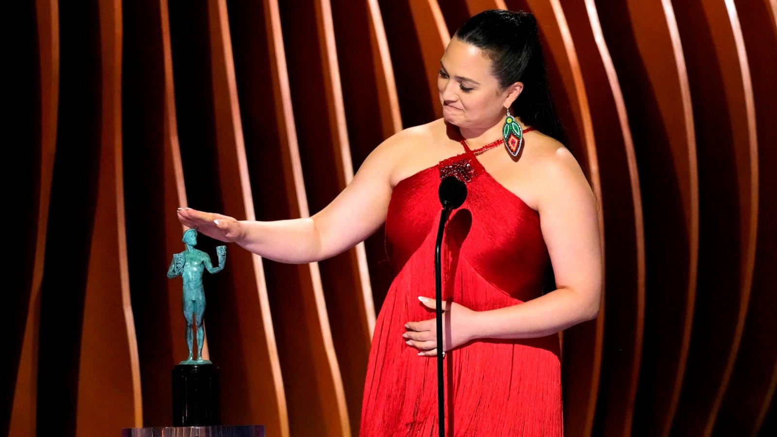 PHOTO: Lily Gladstone accepts the award for outstanding performance by a female actor in a leading role for "Killers of the Flower Moon" during the 30th annual Screen Actors Guild Awards on Feb. 24, 2024, at the Shrine Auditorium in Los Angeles.