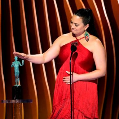 PHOTO: Lily Gladstone accepts the award for outstanding performance by a female actor in a leading role for 