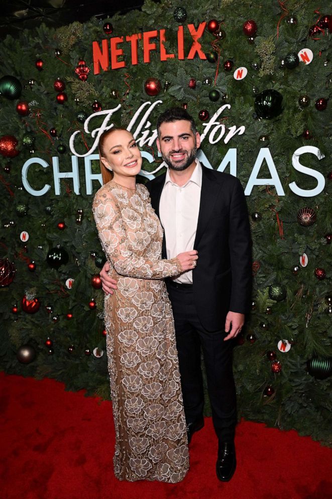 PHOTO: Lindsay Lohan and Bader Shammas attend Netflix's Falling For Christmas Celebratory Holiday Fan Screening with Cast & Crew on Nov. 9, 2022, in New York.