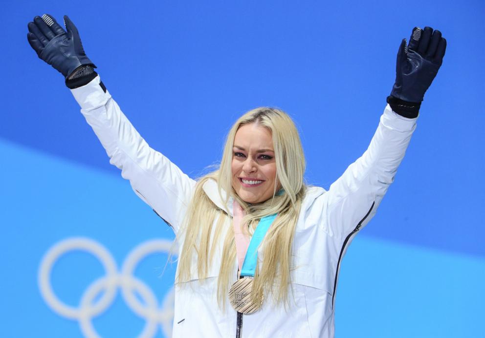 PHOTO: Lindsey Vonn (bronze) from the US standing on the podium during the award ceremony of the women's alpine skiing event of the 2018 Winter Olympiucs in Pyeongchang, South Korea, Feb. 21, 2018. 