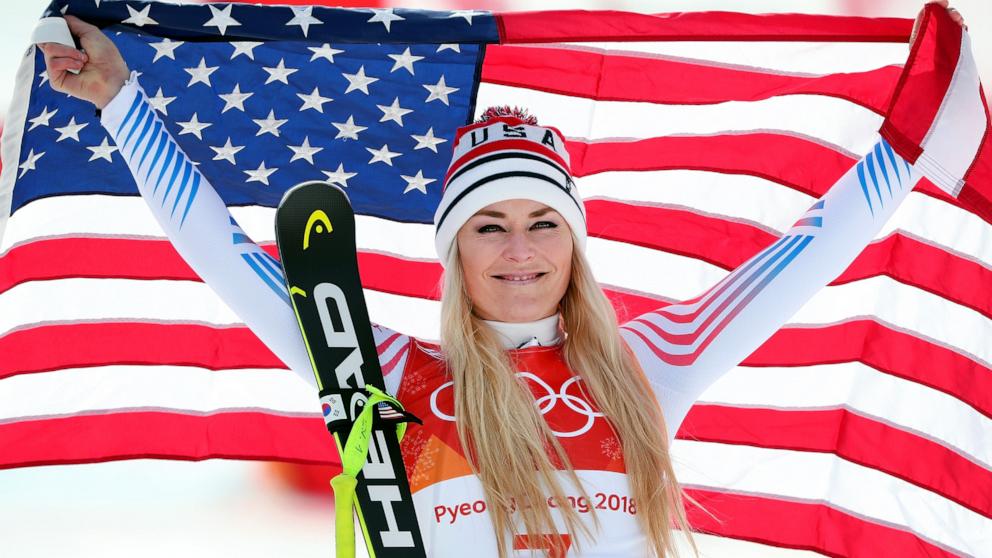 PHOTO: Bronze medallist Lindsey Vonn of the United States celebrates during the victory ceremony for the Ladies' Downhill on day 12 of the PyeongChang 2018 Winter Olympic Games at Jeongseon Alpine Centre on Feb. 21, 2018 in Pyeongchang-gun, South Korea.