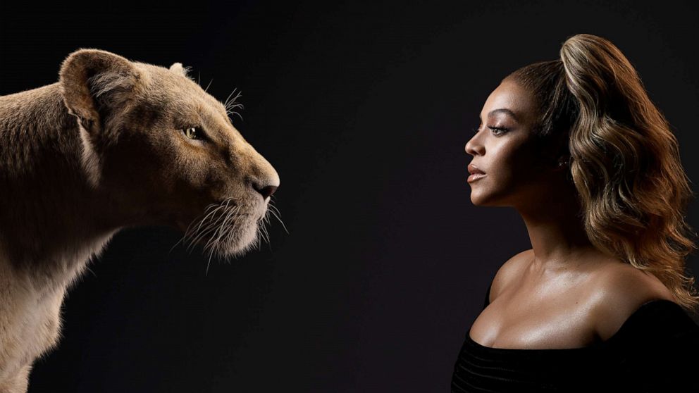 "Lion King" stars including Beyonce Knowles-Carter and Donald Glover, appear beside their characters.