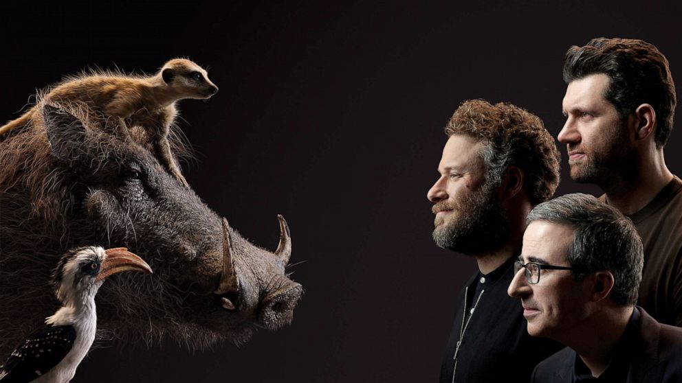 PHOTO: From top to bottom; Billy Eichner, Seth Rogen and John Oliver appear beside their Lion King characters, Timon, Pumbaa and Zazu, respectfully.