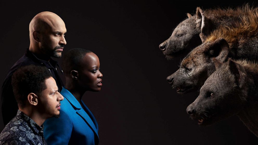 PHOTO: From top to bottom; Keegan-Michael Key, Florence Kasumba and Eric Andre appear beside their Lion King characters, Kamari, Shenzi and Azizi, respectfully.