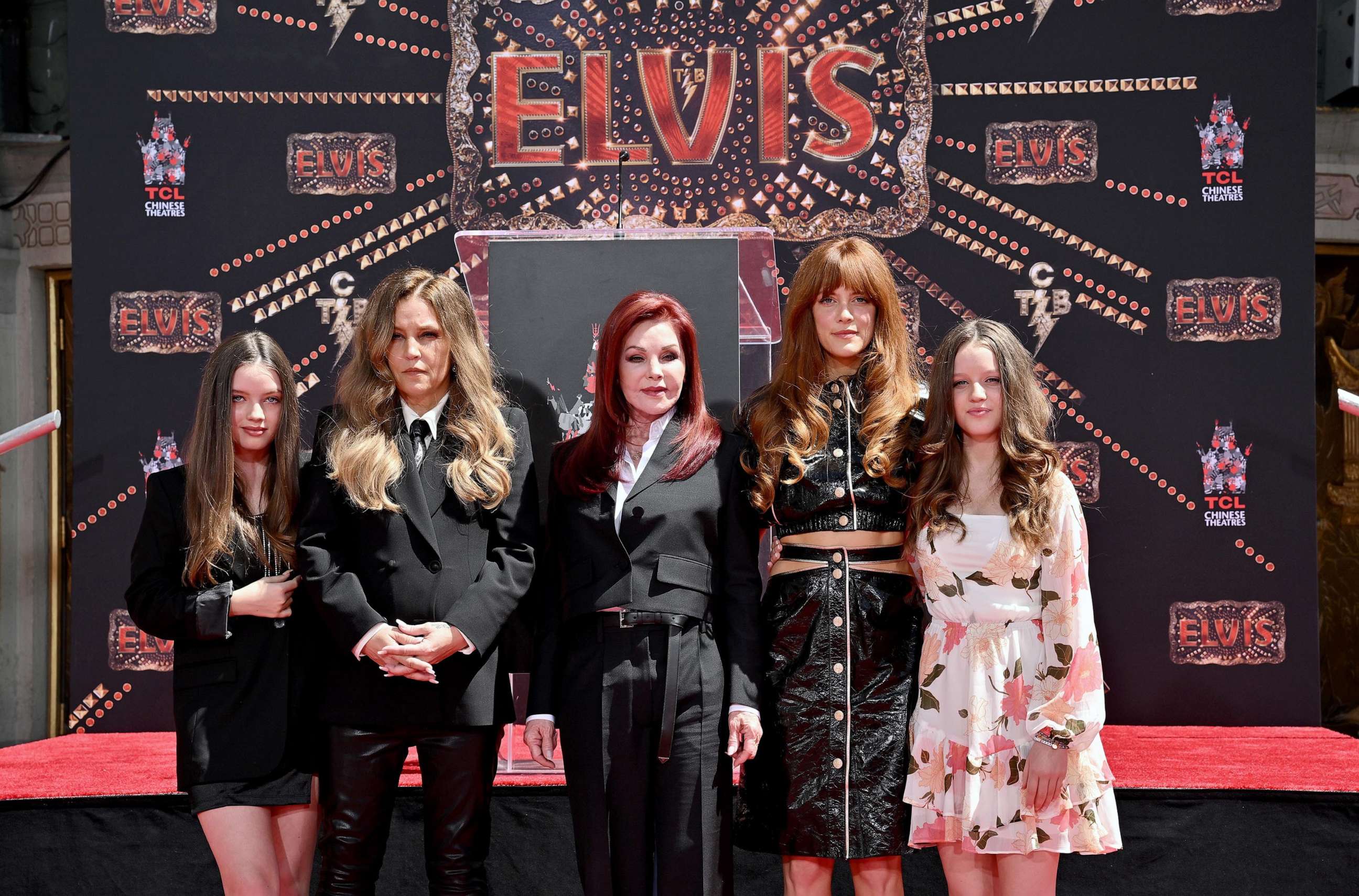 PHOTO: Harper Vivienne Ann Lockwood, Lisa Marie Presley, Priscilla Presley, Riley Keough, and Finley Aaron Love Lockwood attend the Handprint Ceremony honoring Three Generations of Presley's at TCL Chinese Theatre, June 21, 2022 in Hollywood.