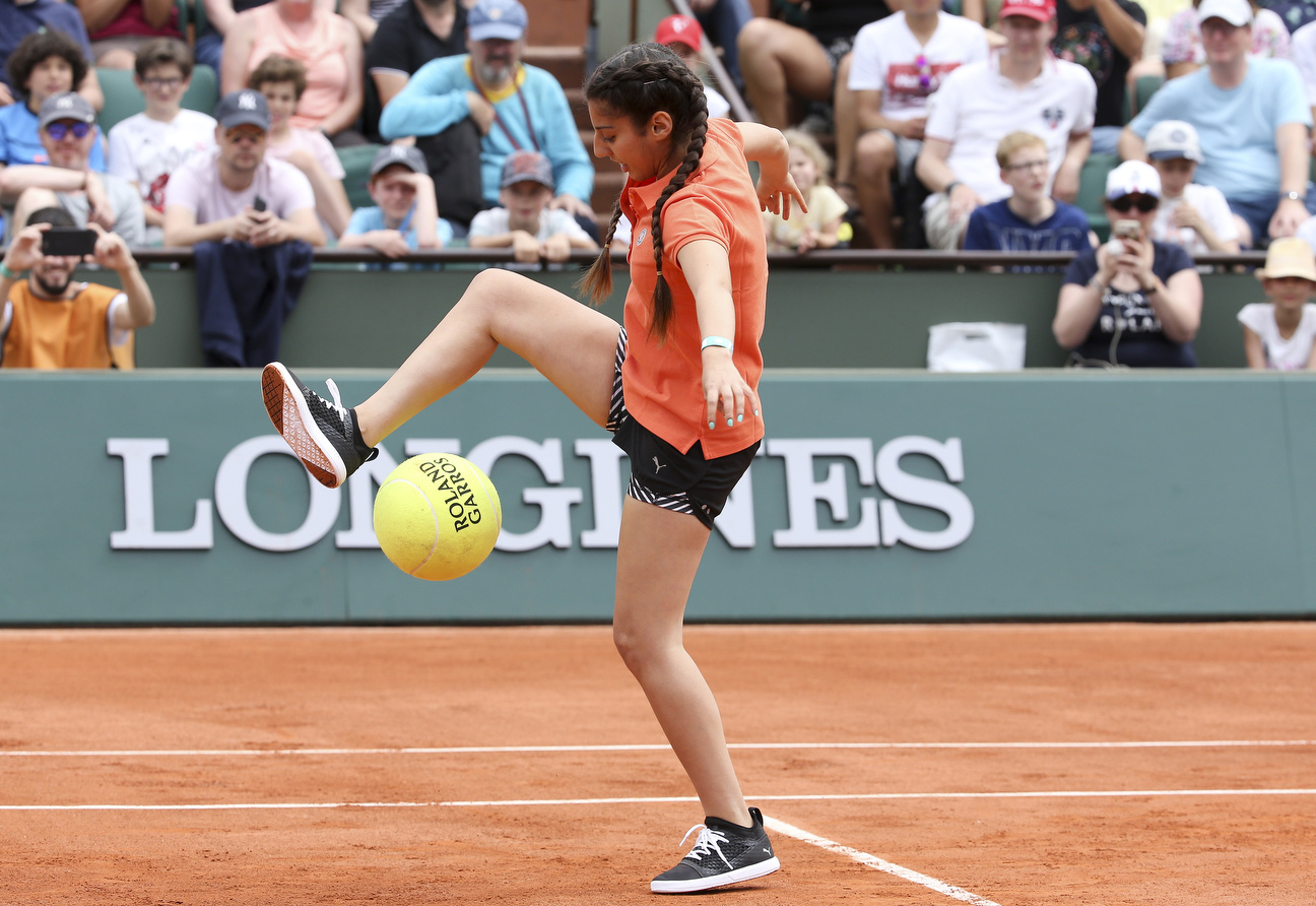 PHOTO: Freestyle football champion Lisa Zimouche of France during Kid's Day of the 2018 French Open at Roland Garros, May 26, 2018, in Paris.
