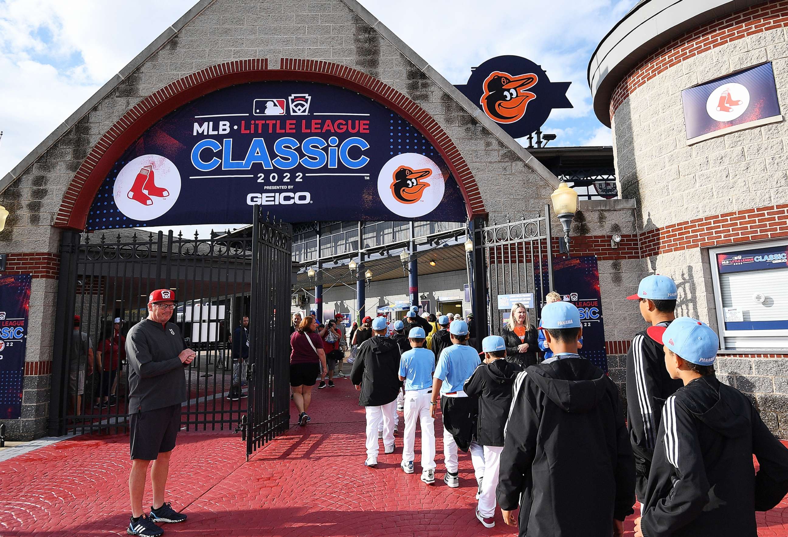 PHOTO: Fans enter the gates prior to the game between the Boston Red Sox and the Baltimore Orioles at Bowman Field on Aug. 21, 2022 in South Williamsport, Penn.