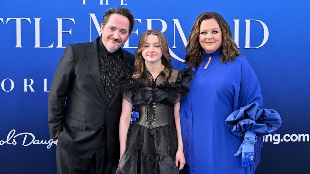 PHOTO: Ben Falcone, Vivian Falcone, and Melissa McCarthy attend the World Premiere of Disney's "The Little Mermaid" on May 8, 2023, in Hollywood, Calif.