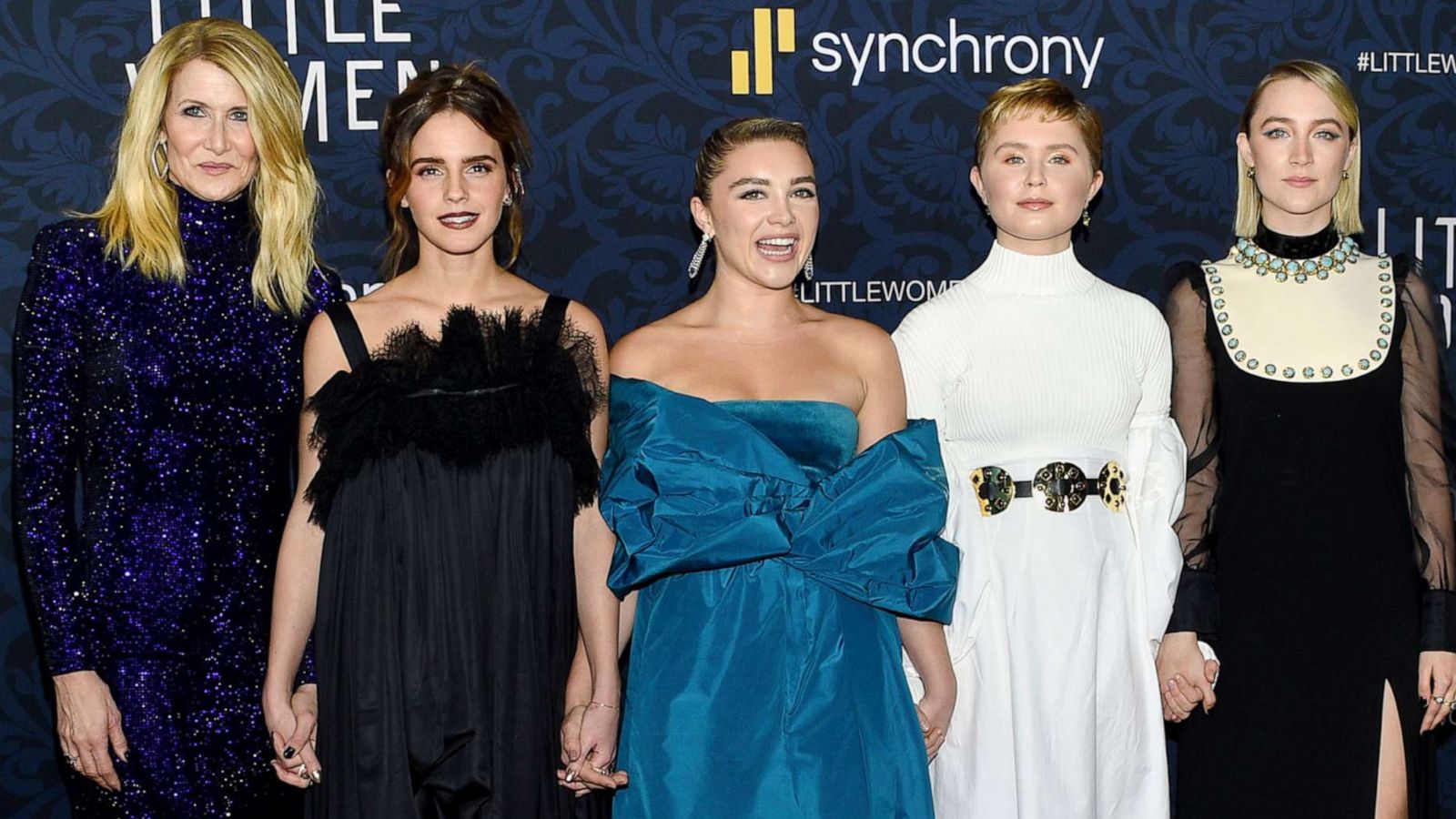 PHOTO: From left, actresses Laura Dern, Emma Watson, Florence Pugh, Eliza Scanlen and Saoirse Ronan pose together at the premiere of "Little Women" at the Museum of Modern Art, Dec. 7, 2019, in New York.