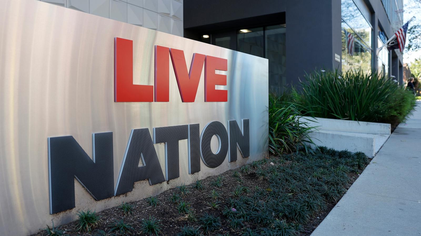 PHOTO: The Live Nation logo is displayed at a Live Nation corporate office on March 9, 2026 in Beverly Hills, California.