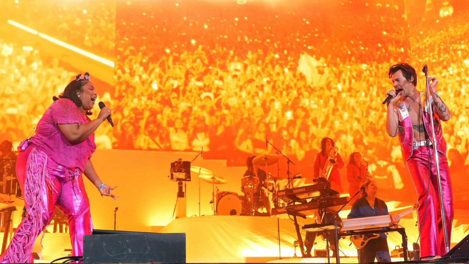 PHOTO: Lizzo and Harry Styles perform on the Coachella stage during the 2022 Coachella Valley Music And Arts Festival on April 22, 2022 in Indio, Calif.