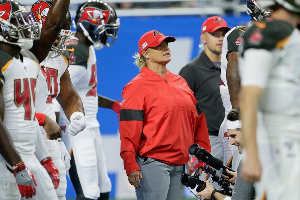PHOTO: Tampa Bay Buccaneers assistant defensive line coach Lori Locust is seen during pregame of an NFL football game against the Detroit Lions, Dec. 15, 2019, in Detroit. 