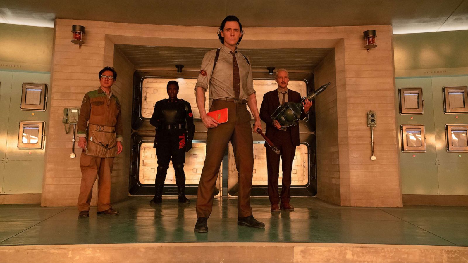 PHOTO: (L-R): Ke Huy Quan as O.B., Wunmi Mosaku as Hunter B-15, Tom Hiddleston as Loki, and Owen Wilson as Mobius in Marvel Studios' "Loki," Season 2, exclusively on Disney+.