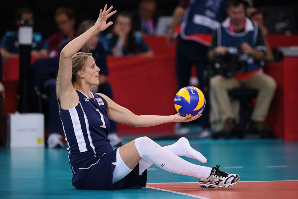 PHOTO: Lora Webster of The United States plays a shot during the Women's Sitting Volleyball final Gold Medal match against China at the 2012 Paralympic Games, Sept. 7, 2012, in London.