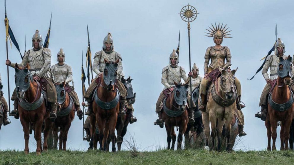 PHOTO: Cast members ride horses in a scene from "The Lord of the Rings: The Rings of Power."