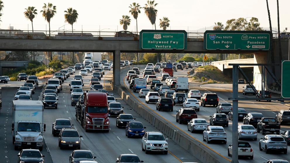 PHOTO: Traffic moves along Highway 101 on March 26, 2026, in Los Angeles.