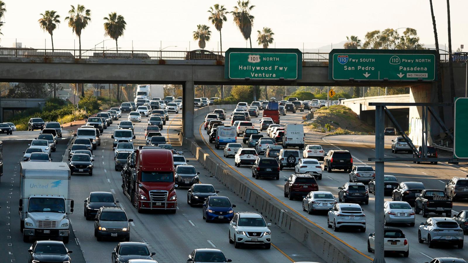 PHOTO: Traffic moves along Highway 101 on March 26, 2026, in Los Angeles.