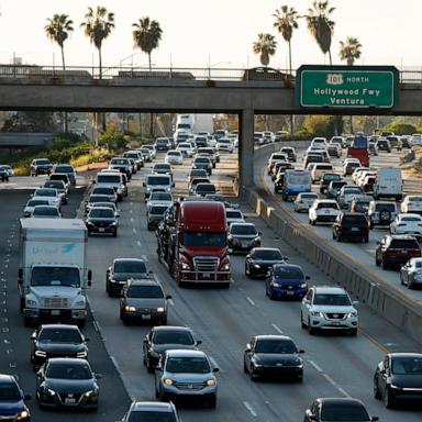 PHOTO: Traffic moves along Highway 101 on March 26, 2026, in Los Angeles.