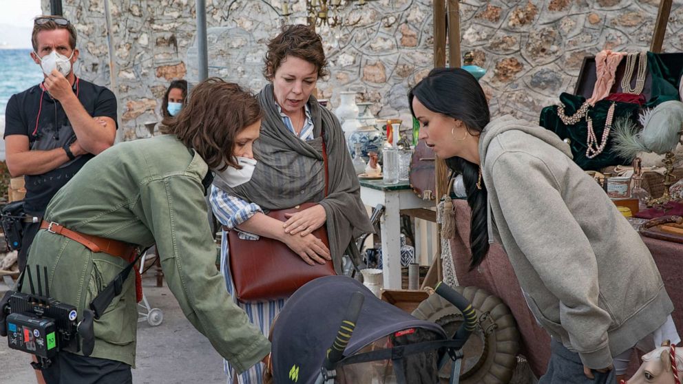 PHOTO: "The Lost Daughter," 2021, director Maggie Gyllenhaal and Olivia Colman and Dakota Johnson on set.