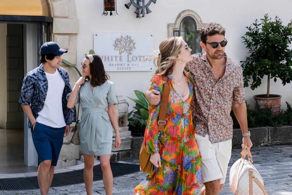 PHOTO: Will Sharpe as Ethan Spiller, Aubrey Plaza as Harper Spiller, Meghann Fahy as Daphne Sullivan, Theo James as Cameron Sullivan on the "White Lotus," season 2. 