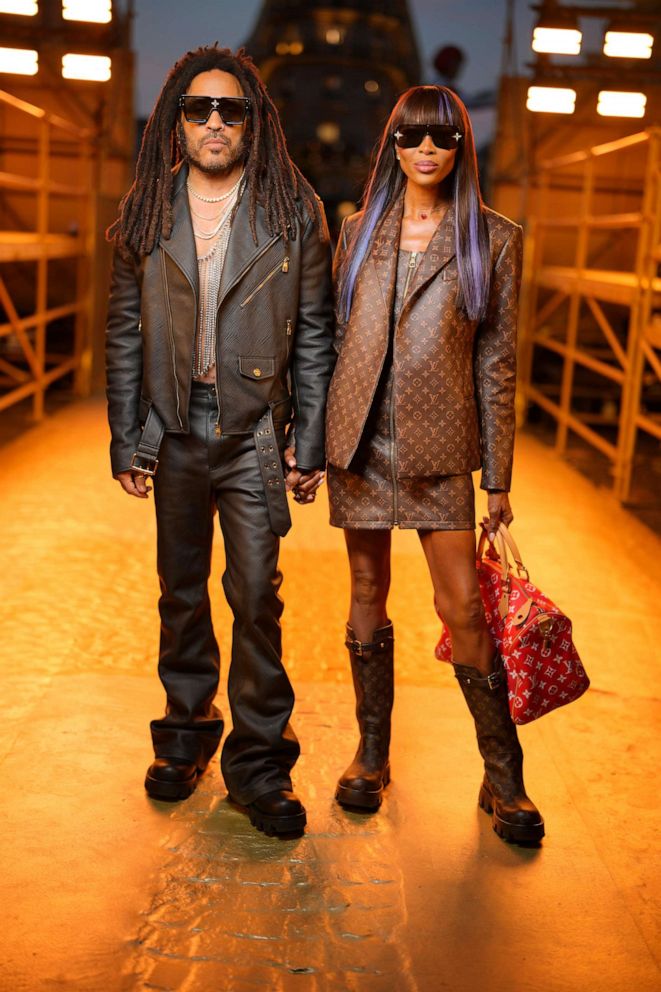 PHOTO: Lenny Kravitz and Naomi Campbell at the Louis Vuitton Spring 2024 Menswear Collection Runway Show on June 20, 2023 in Paris.