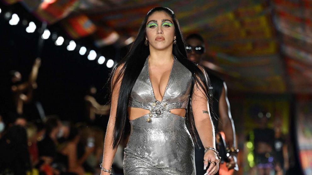 PHOTO: Madonna's daughter Lourdes Leon presents a creation for Versace's Women's Spring-Summer 2022 collection during the Fashion Week in Milan, Sept. 24, 2021.