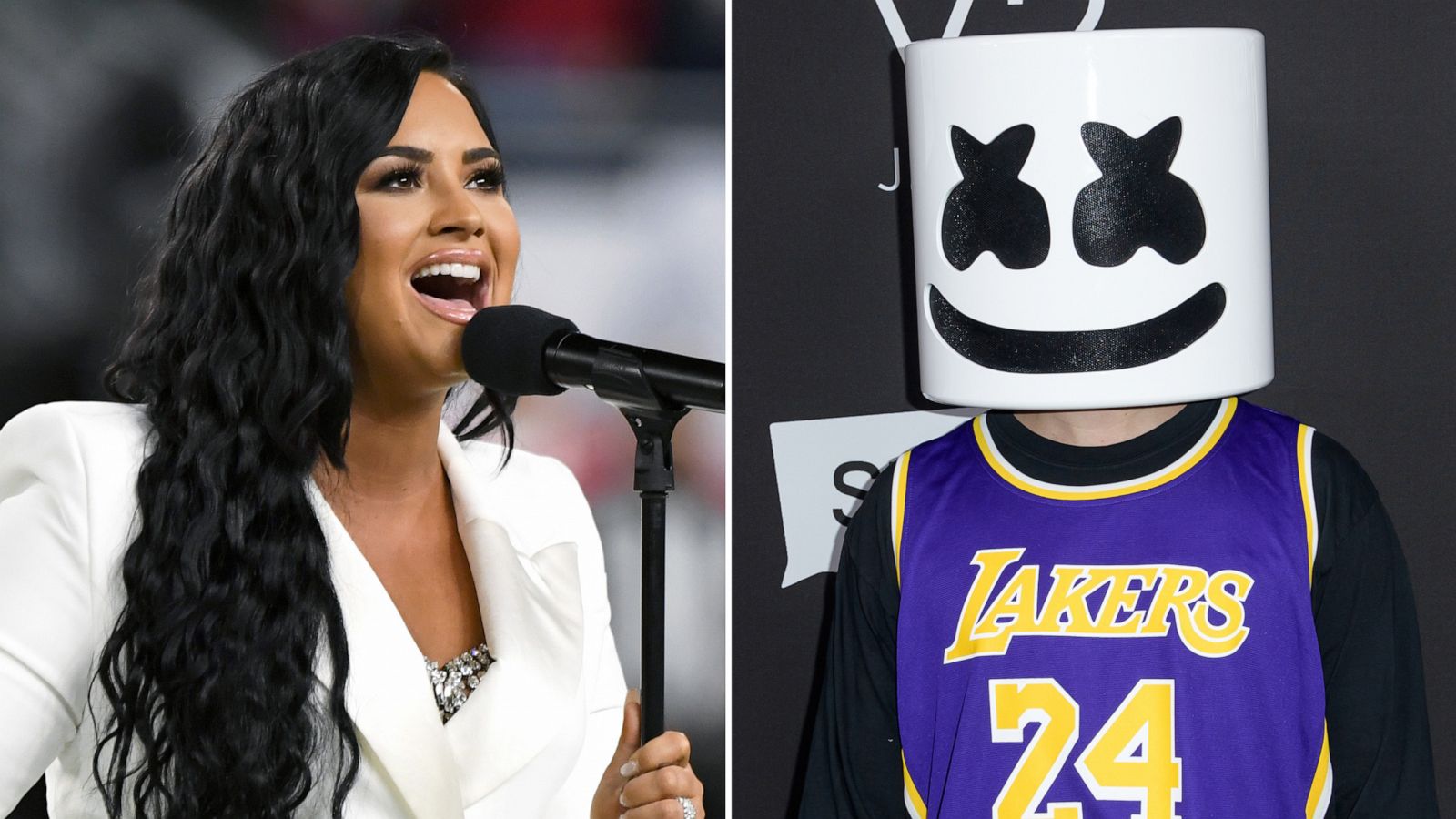 PHOTO: Left, Demi Lovato performs at the Super Bowl LIV on Feb. 02, 2020 in Miami Gardens, Fla. Right, Marshmello arrives at the Sports Illustrated Super Bowl Party at Fontainebleau Miami Beach, Feb. 1, 2020 in Miami Beach.