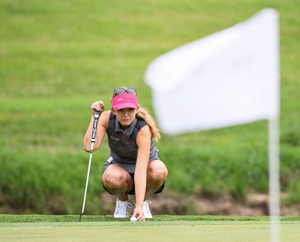PHOTO: Sydnee Michaels lines up a practice putt at the Indy Women in Tech Championship Pro-Am, Wednesday, Aug. 15, 2018, at Brickyard Crossing Golf Course in Indianapolis.