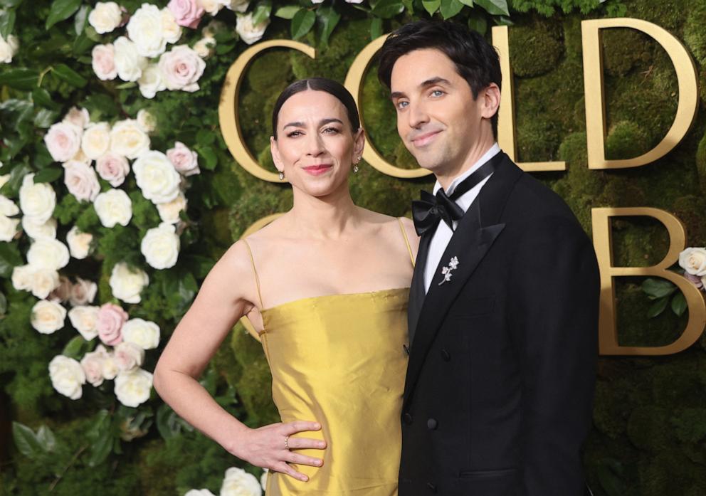 PHOTO: Paul Downs and his wife Lucia Aniello arrive for the 82nd annual Golden Globe Awards at the Beverly Hilton hotel on Jan. 5, 2025 in Beverly Hills, Calif.