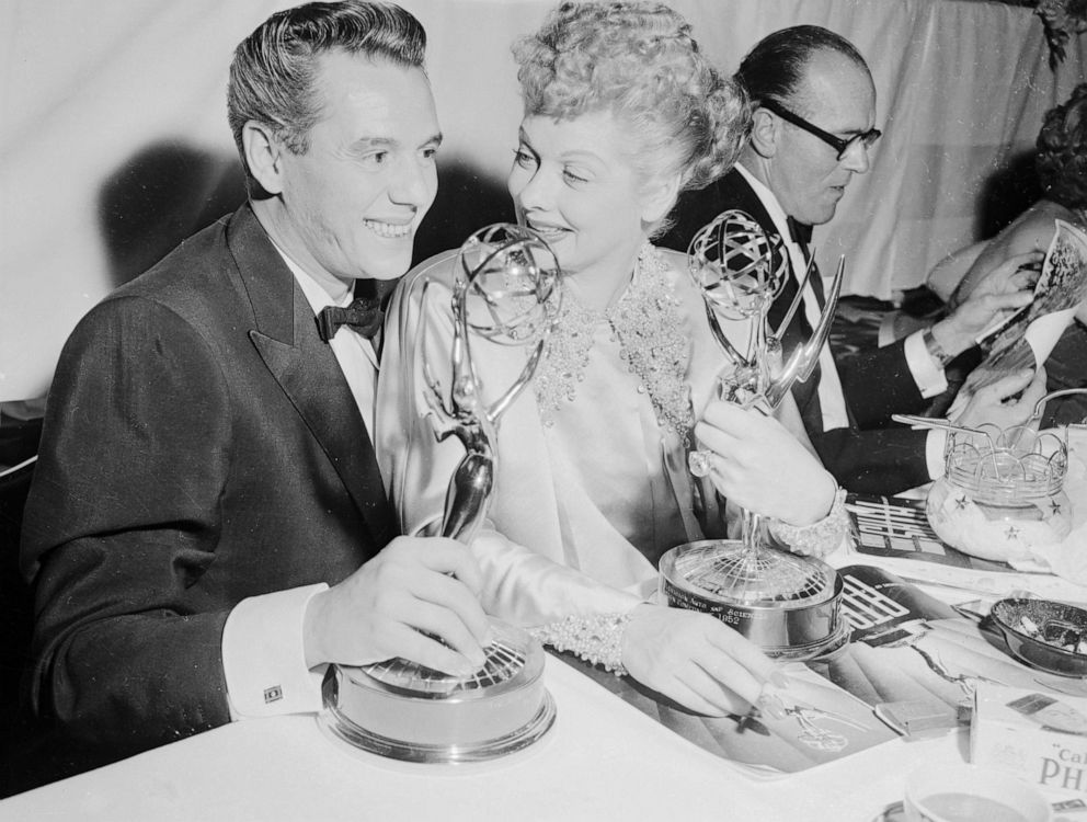 PHOTO: Desi and Lucy Arnaz are shown with their Emmy awards for the I Love Lucy Show.