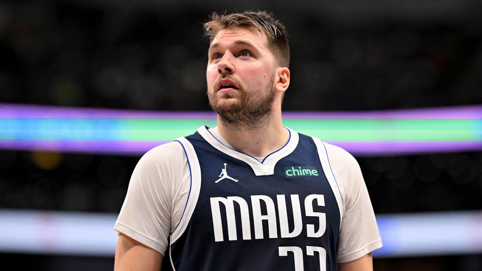 PHOTO: Dallas Mavericks guard Luka Doncic checks the scoreboard during the second half against the Portland Trail Blazers at the American Airlines Center in Dallas, Tex., Dec. 23, 2024.