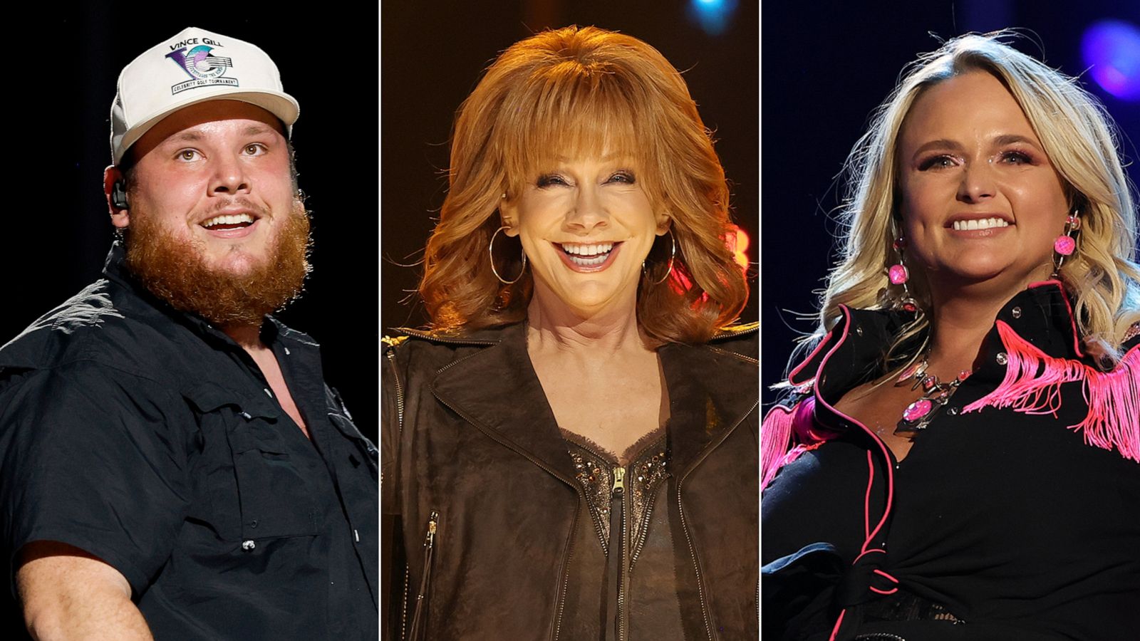 PHOTO: Luke Combs is shown at CMA Fest 2023, on June 8, 2023. | Reba McEntire and Miranda Lambert are shown at CMA Fest 2023 on June 9, 2023.