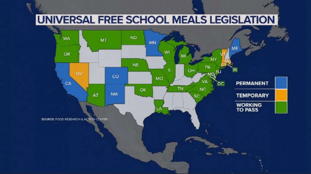PHOTO: A map of the U.S. highlights states with universal free school meal legislation in place, temporary and in the works.