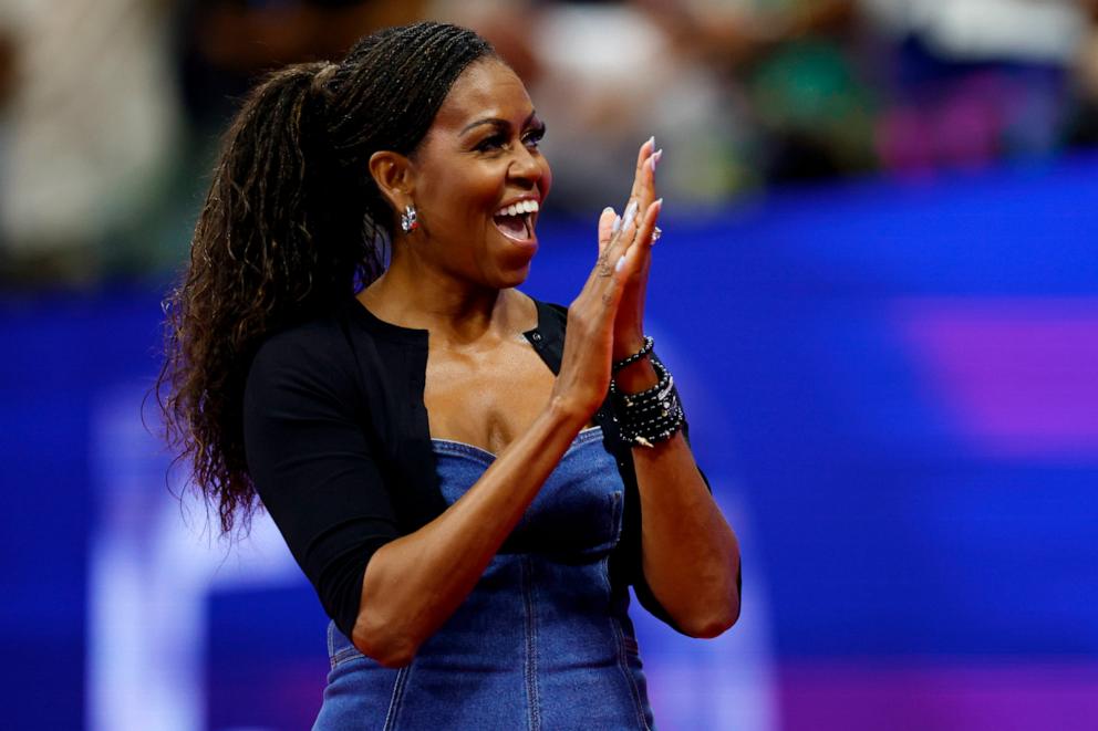 PHOTO: In this Aug. 28, 2023 file photo former first lady Michelle Obama during a ceremony honoring 50 years of equal pay at the U.S Open at the USTA Billie Jean King National Tennis Center on Aug. 28, 2023 in the Flushing, Queens, New York City.