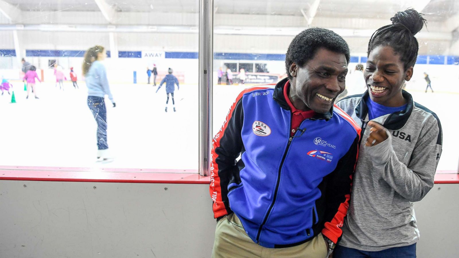 PHOTO:Maame Biney, 17-year old short track speed skater from Reston, laughs with her dad, Kweku Biney, during an interview in this Dec. 22, 2017 file photo.