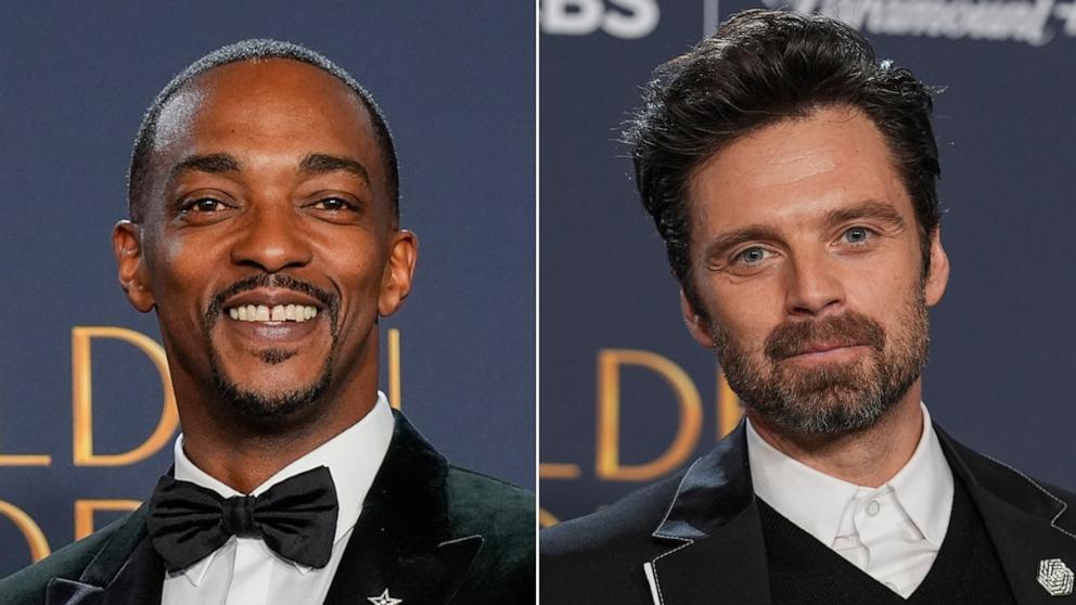 PHOTO: Anthony Mackie poses in the press room during the 82nd Golden Globes, Jan. 5, 2025, in Beverly Hills. Sebastian Stan poses in the press room during the 82nd Golden Globes, Jan. 5, 2025, in Beverly Hills.