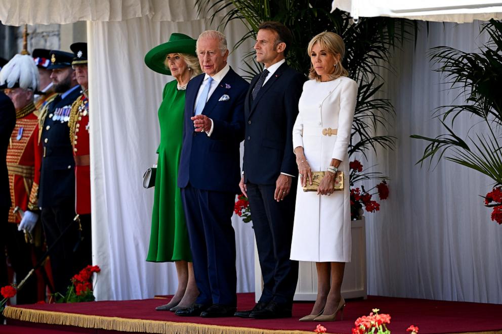 PHOTO: King Charles III, Queen Camilla, President of France, Emmanuel Macron and Brigitte Macron attend the welcome for the state visit at Windsor Castle, July 8, 2025 in Windsor, Britain.