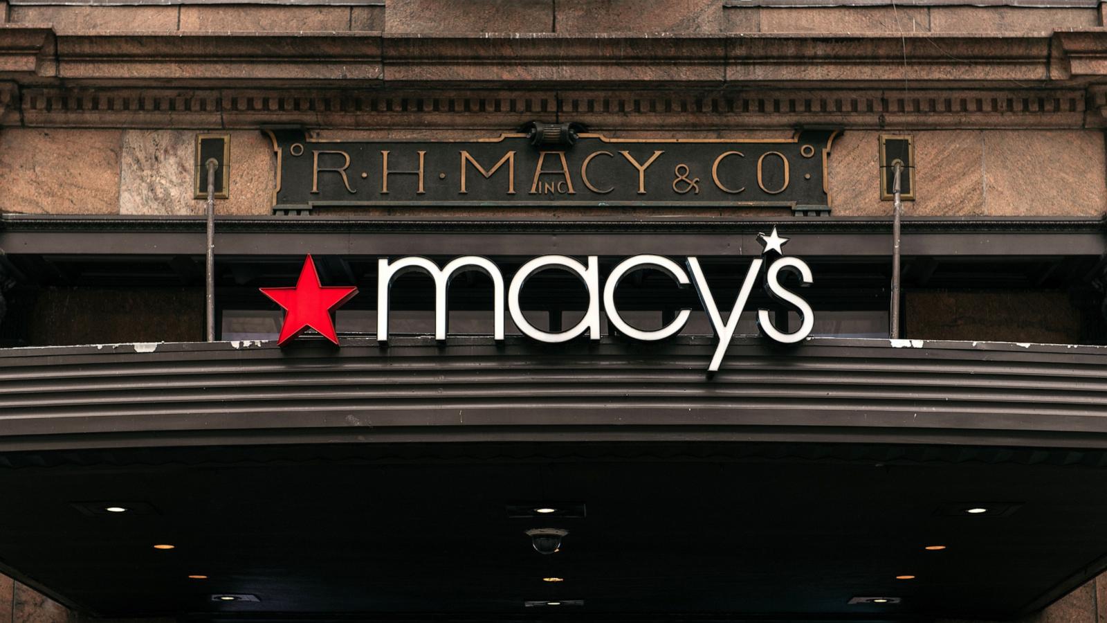 PHOTO: In this Feb. 25, 2020, file photo, signs for the Macy's flagship store are shown on 34th Street in Midtown Manhattan in New York.