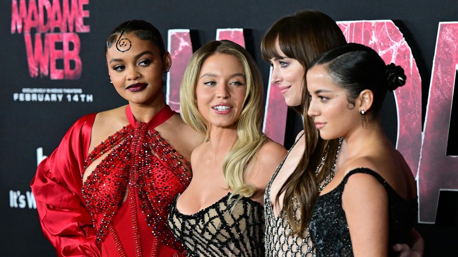 PHOTO: Celeste O'Connor, Sydney Sweeney, Dakota Fanning and Isabela Merced arrive for the premiere of Sony's "Madame Web" in Los Angeles, California, on February 12, 2024.