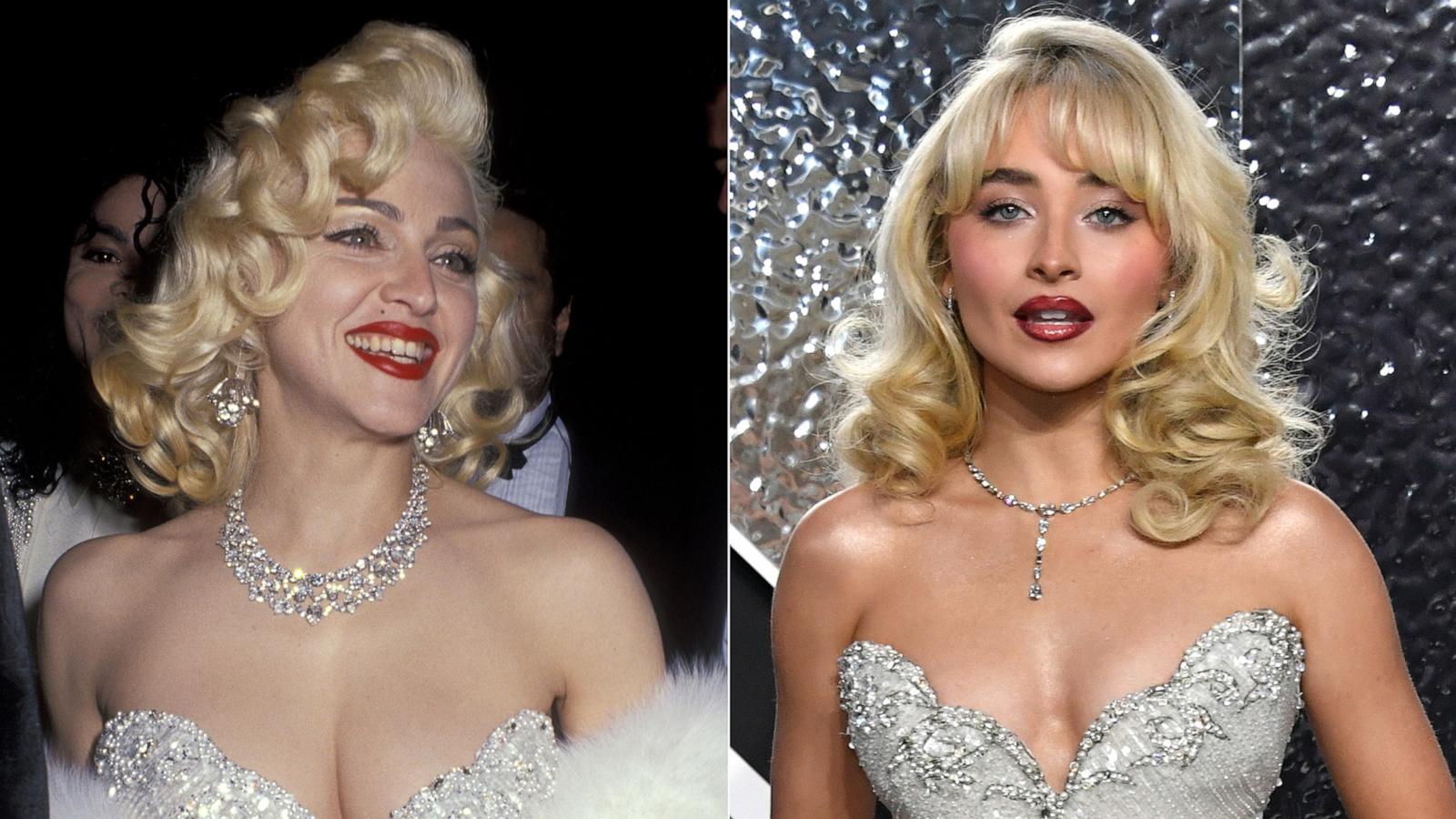 PHOTO: Madonna attending a 63rd Annual Academy Awards after party, March 25, 1991, and Sabria Carpenter arriving at the MTV Video Music Awards in Elmont, New York, Sept. 11, 2024.