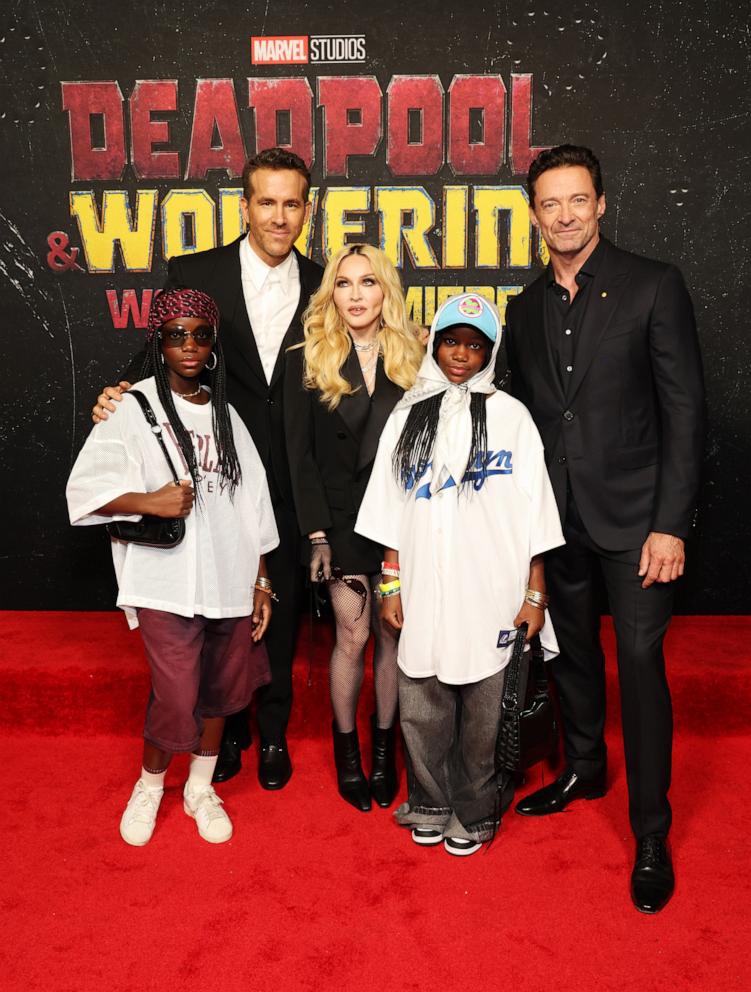 PHOTO: Estere, Ryan Reynolds, Madonna, Stella, and Hugh Jackman attend the Deadpool & Wolverine World Premiere at the David H. KochÂ Theater on July 22, 2024 in New York City. 