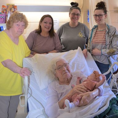 PHOTO: Cordelia Mae Hawkins (center) holds her great-great-great grandaughter Zhavia. Hawkins' daughter Frances Snow, granddaughter Gracie Howell, great-granddaughter Jacqueline Ledford, and great-great-granddaughter Jaisline Wilson stand behind them.